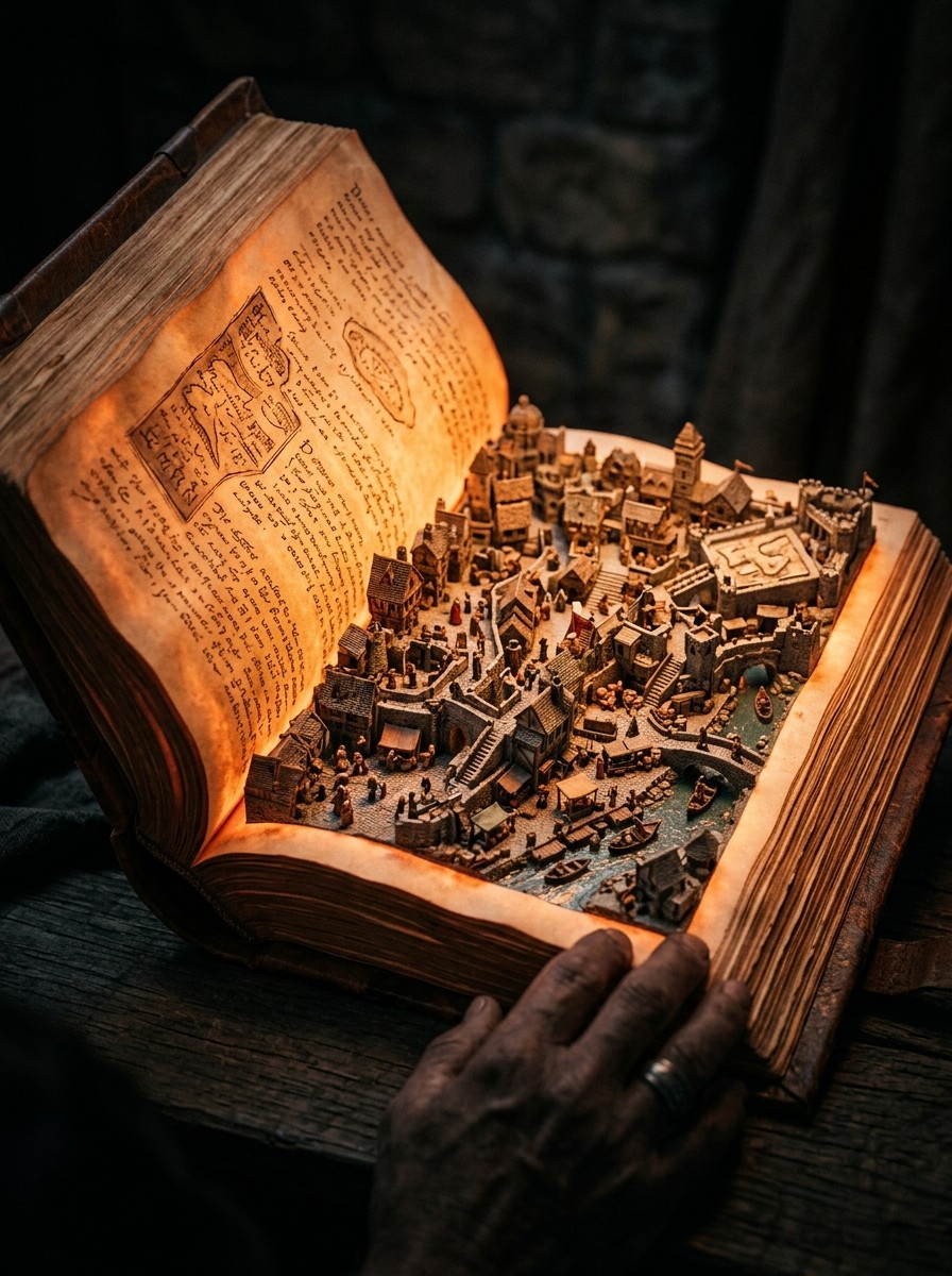Close on an open book whose glowing pages hold a miniature living city — the world in the head made visible