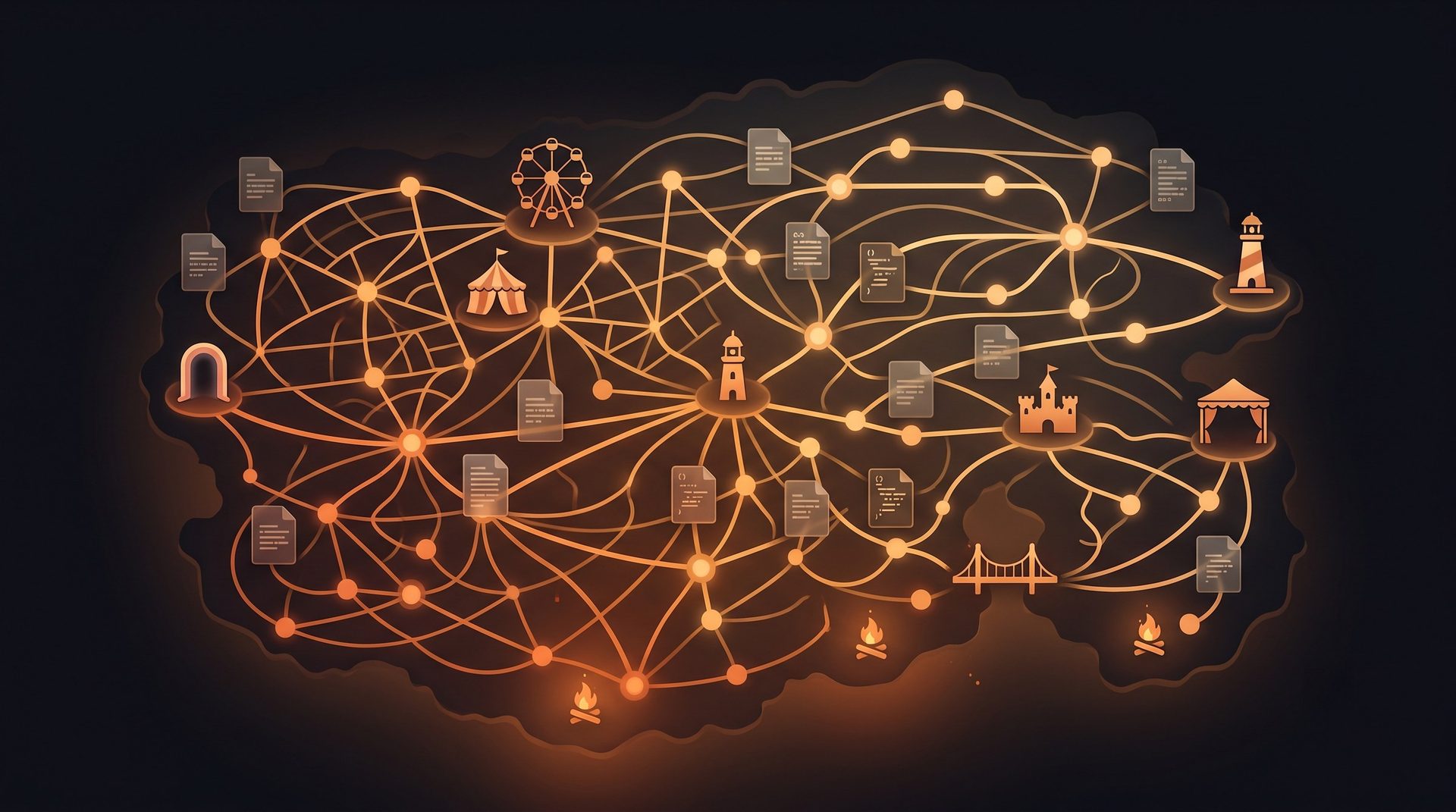 A dense ember-lit network map where document cards and theme-park landmarks share the same glowing paths — the creative trace and the place you can enter, fused