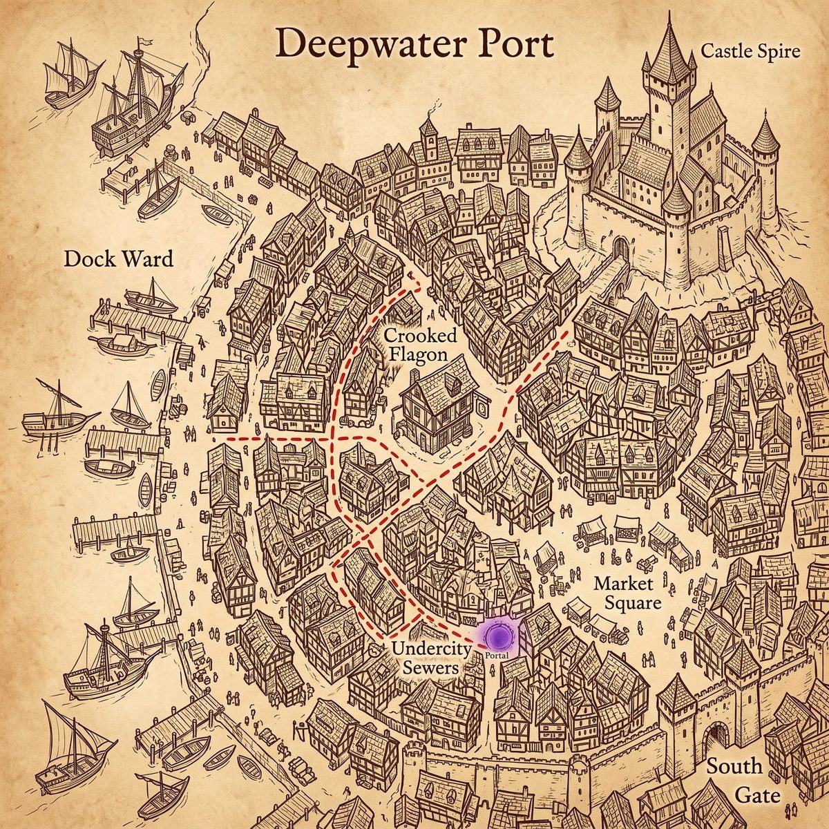 Illustrated parchment map of Deepwater Port with docks, castle, and undercity sewers